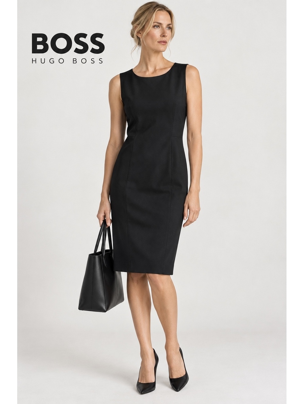 Hugo Boss Women’s Black Wool Stretch Sheath Dress Size 14 Classic Career Midi